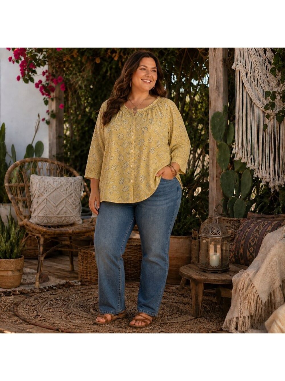 Chaps Yellow Floral Womens 3/4 Sleeve Button Up Top XXL 100% Cotton Boho Peasant - Picture 1 of 11